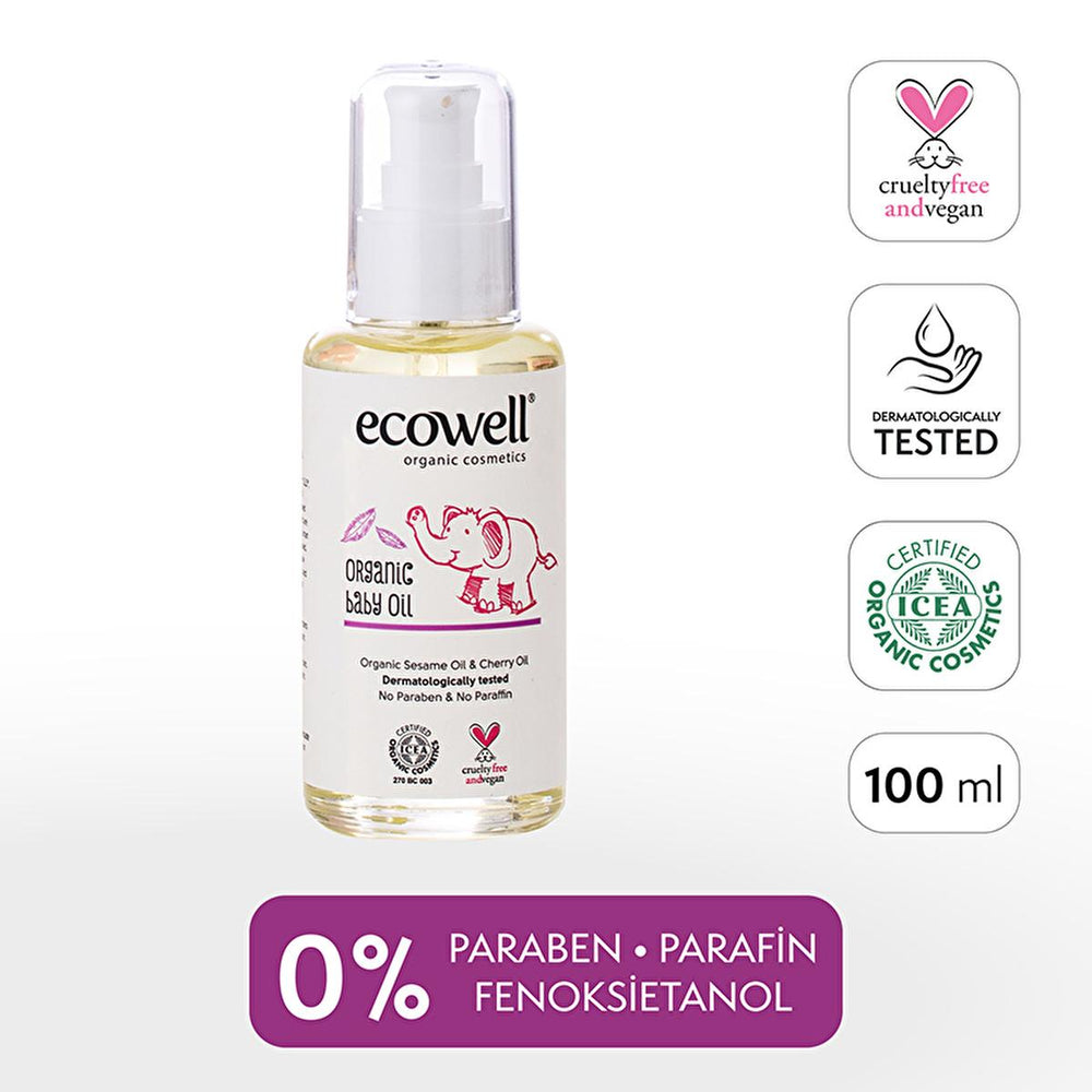 Ecowell Organic Vegan Certified Baby Oil 100ml - Hypoallergenic, Moisturizing & Soothing - Body Oil