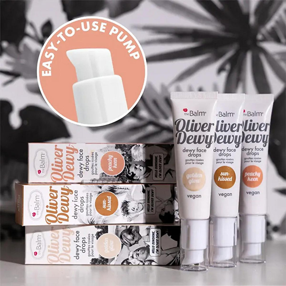 theBalm Oliver Dewy Face Drops: Achieve Radiant, Glowing Skin with this Illuminating Liquid Highlighter - Peachy Keen & Sun-Kissed Options theBalm Dewy Face Drops: Radiant Liquid Highlighter dewy face drops, liquid highlighter, theBalm highlighter, peachy keen highlighter, sun-kissed highlighter, golden glow highlighter, radiant glow makeup, illuminating face drops, highlighter, face illuminator, makeup, cosmetics, dewy finish, radiant skin, black currant oil, niacinamide, skincare, beauty, luminous skin, g