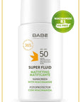 babe super fluid mattifying sunscreen spf 50 bottle, babe sunscreen applied on skin, ingredients of babe super fluid mattifying sunscreen Babe Super Fluid Mattifying Sunscreen - SPF 50 | 50 ml Babe Super Fluid Mattifying Sunscreen SPF 50 babe, sunscreen, spf-50, face-sunscreen, oil-free-sunscreen, water-resistant-sunscreen, sensitive-skin, anti-pollution, niacinamide, ai-generated