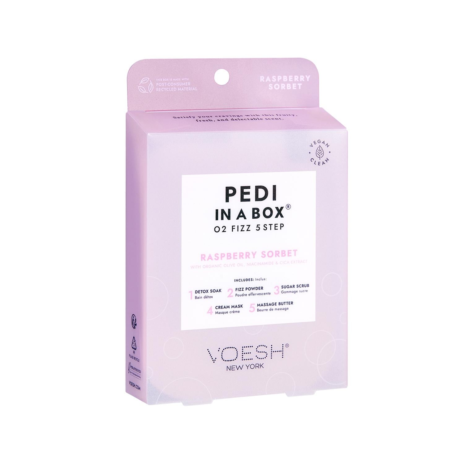 Voesh New York Pedi In A Box O2 Fizz Pedicure Kit - 5 Step At-Home Pedicure Solution with Raspberry Scent Voesh New York 5-Step Pedicure Kit - At-Home Luxury pedicure kit, at-home pedicure, 5-step pedicure, Voesh New York, raspberry pedicure kit, foot care, self-care, grooming, beauty products, personal care, home spa, pedicure set, raspberry scented