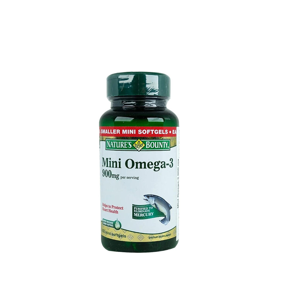Nature's Bounty Mini Omega-3 900mg: Easy-to-Swallow Heart Health & Fish Oil Supplement - 60 Softgels Nature's Bounty Mini Omega-3: Easy Heart Health Supplement Omega-3 supplement, Mini omega-3 softgels, 900mg omega-3, Fish oil supplement, Heart health supplement, omega 3, mini softgels, heart health, cardiovascular support, easy to swallow, small pills, dietary supplement, fatty acids, health supplement, wellness, daily supplement, nutritional supplement, Nature's Bounty, maintain health, health-conscious,