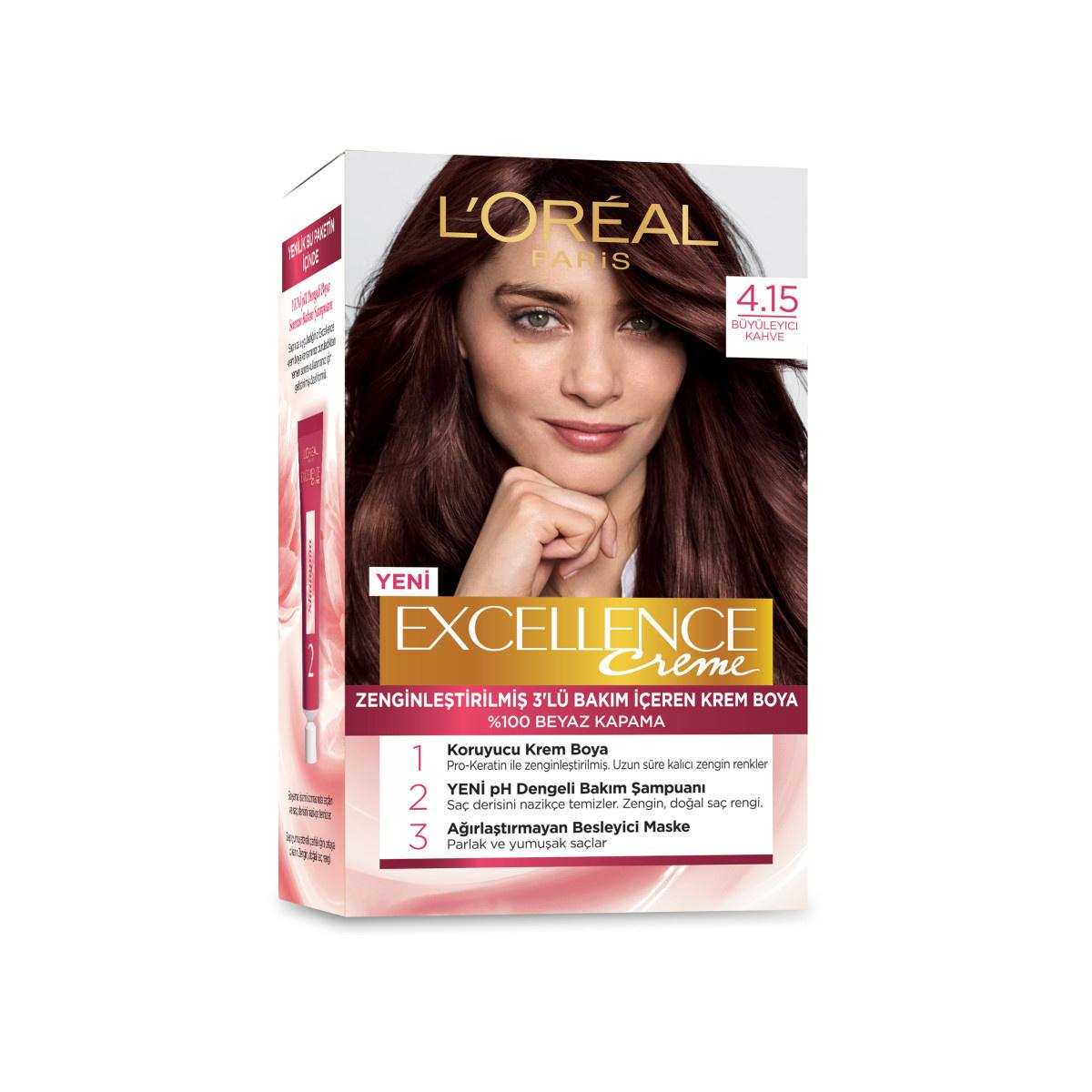 L'Oreal Paris Excellence Creme 4.15 Charming Coffee Hair Dye: 100% Grey Coverage, Long-Lasting Color & Keratin Protection L'Oreal Hair Dye: 100% Grey Coverage & Keratin - Charming Coffee hair dye, grey coverage hair dye, long lasting hair color, hair color with keratin, hair dye with ceramide mask, Loreal hair dye, brown hair dye, at home hair color, hair color treatment, permanent hair color, hair color, grey hair coverage, keratin hair dye, ceramide hair mask, Loreal, brown dye, at-home color, hair treatm