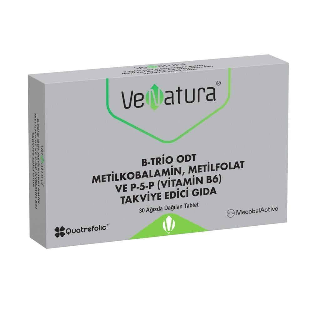 venatura-b-trio-vitamin-b-complex-tablets, venatura-b-trio-packaging VeNatura B-Trio ODT Metilkobalamin, Metilfolat ve P-5-P (Vitamin B6) - 30 Tablets VeNatura B-Trio Vitamin B Complex - 30 Chewable Tablets venatura, vitamin-b-complex, chewable-tablets, b12, folic-acid, b6, metilkobalamin, metilfolat, health-supplements, ai-generated