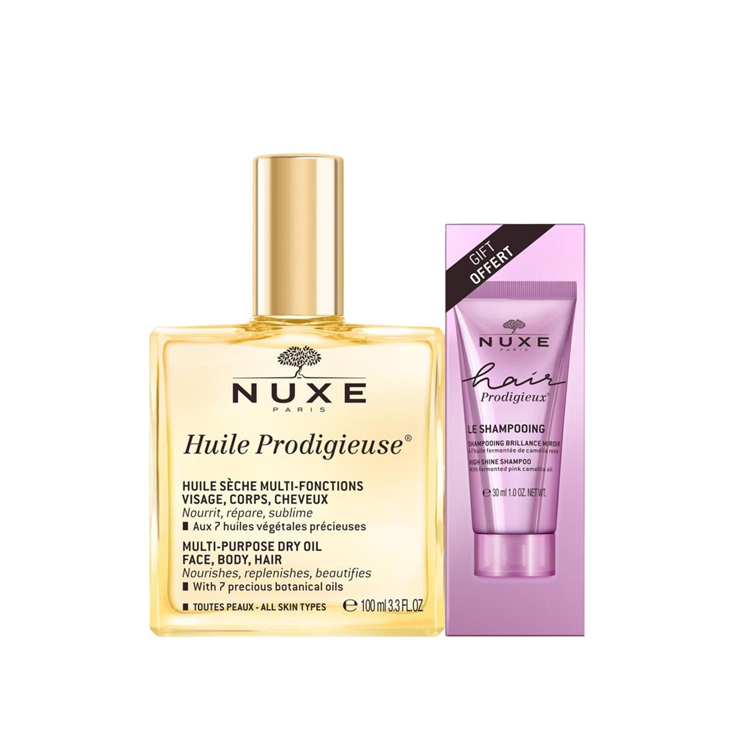 Nuxe Huile Prodigieuse Multi-Purpose Dry Oil Hair Care Gift Set Nuxe Huile Prodigieuse Dry Oil Hair Care Set Nuxe Huile Prodigieuse, Multi-purpose dry oil, Hair care product, Natural hair care, Nuxe gift set, Hair and body care, Moisturizing hair care, Gift sets, Special offers, Cosmetic gift sets