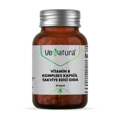 Venatura Vitamin B Complex: Energy, Nerve & Metabolism Support - B1, B2, B3, B5, B6, B7, B9, B12 - 30 Capsules Venatura Vitamin B Complex: Energy & Metabolism Support Vitamin B complex, B vitamins, B1 Thiamin supplement, B2 Riboflavin supplement, B3 Niacin supplement, B5 Pantothenic Acid supplement, B6 Pyridoxine supplement, B7 Biotin supplement, B9 Folic Acid supplement, B12 Cobalamin supplement, energy boost, metabolism support, nervous system support, healthy skin, vision support, cholesterol health, men