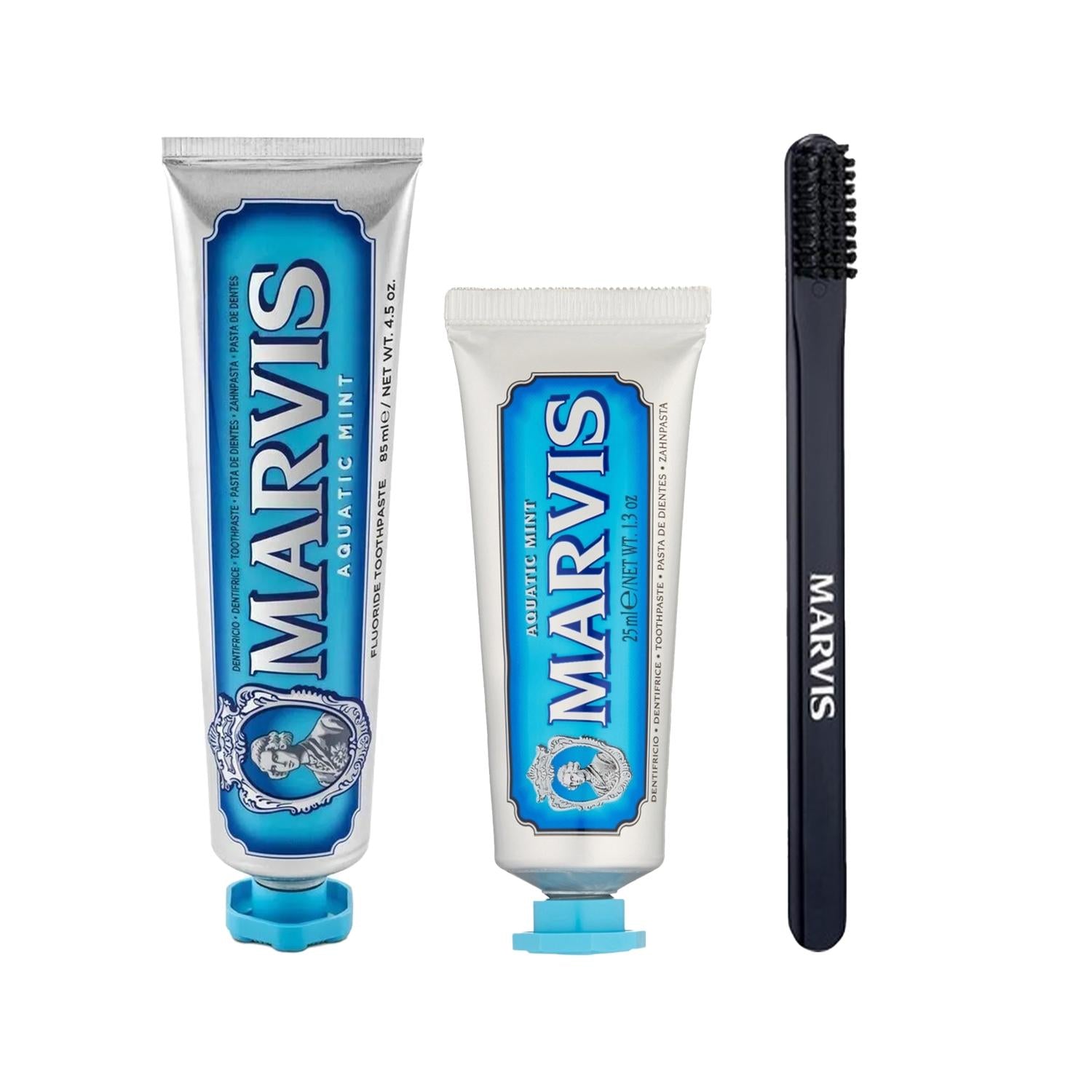 Marvis Premium Toothpaste and Toothbrush Set - Aquatic Mint Flavor, 85ml + 25ml - Ideal for Oral Hygiene and Travel Marvis Aquatic Mint Toothpaste & Toothbrush Set - Premium Oral Care Marvis toothpaste, Aquatic Mint toothpaste, Toothbrush set, Oral hygiene products, Premium toothpaste gift set, Travel-sized toothpaste, Oral care products, Marvis oral care, Premium oral hygiene, Gift sets for him, Gift sets for her, Travel essentials, Oral hygiene gifts