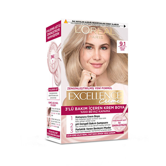 L'Oreal Paris Excellence Crème Hair Color Ash Blonde 9.1 - 100% Gray Coverage | Professional Care - Hair Dye