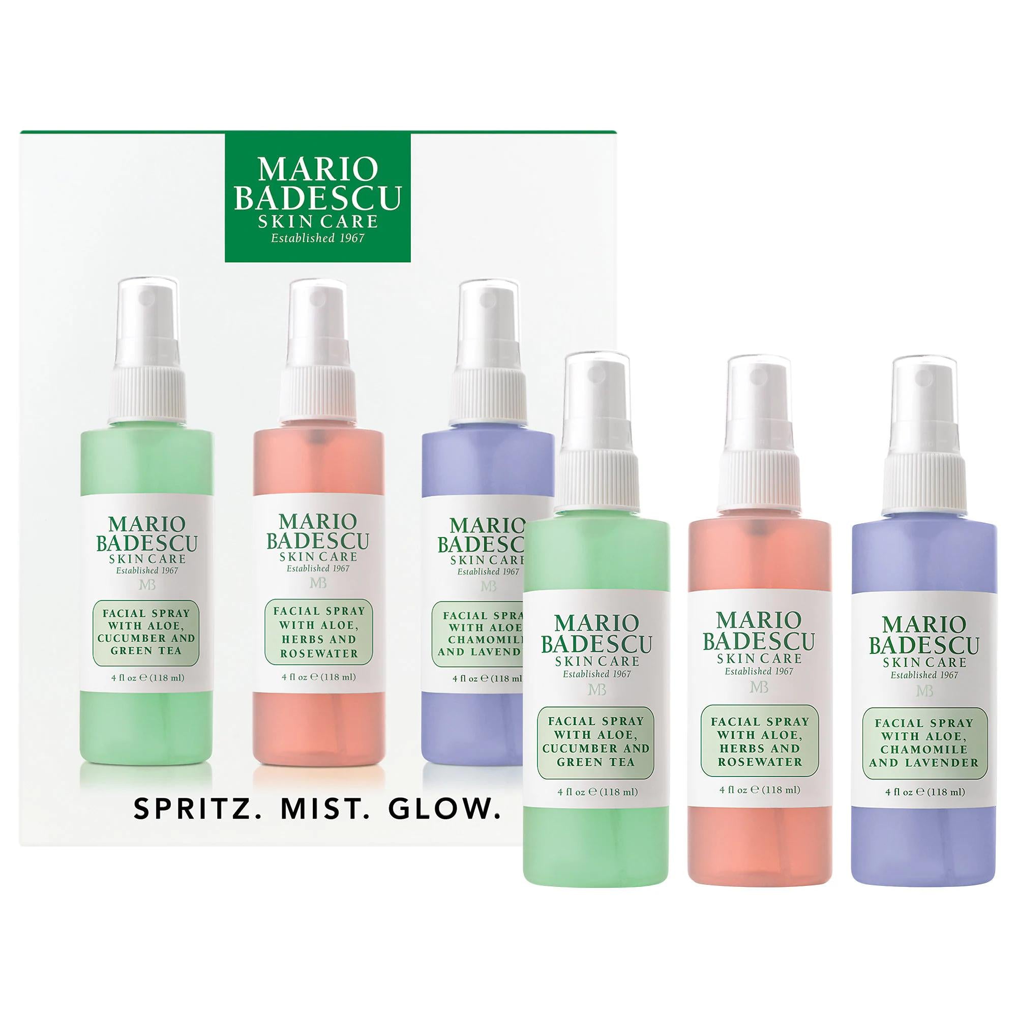 Mario Badescu Spritz. Mist. Glow. Facial Spray Trio: Hydrating Aloe Vera, Rosewater, Cucumber & Lavender - Vegan & Cruelty-Free Skincare Mario Badescu Facial Spray: Hydrate, Soothe & Glow | Vegan facial spray, aloe vera spray, rosewater facial mist, cucumber green tea spray, lavender facial spray, hydrating face mist, vegan skincare, cruelty-free skincare, soothing facial spray, refreshing face mist, face mist, aloe vera, rosewater, cucumber, green tea, lavender, hydrating, vegan, cruelty-free, soothing, re
