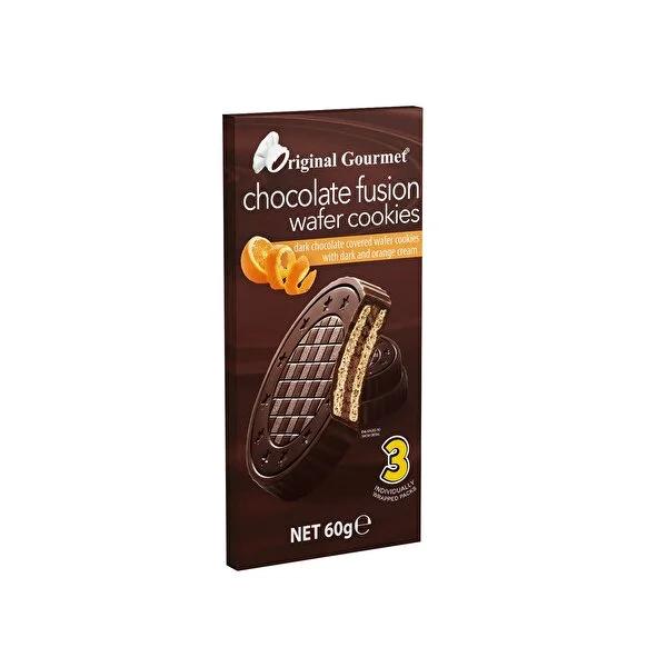 Original Gourmet Fusion Wafer Cookie Dark Chocolate with Orange Cream Filling - Individually Wrapped, 60g Dark Chocolate Wafer Cookies with Orange Cream - 60g wafer cookie, dark chocolate, orange cream filling, individually wrapped snacks, chocolate fusion, gourmet snacks, crunchy snacks, sweet treats, on-the-go snacks, snack foods