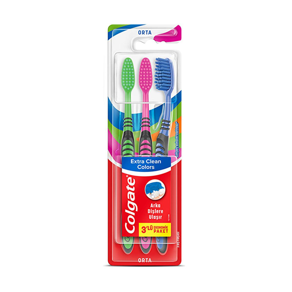 Colgate Extra Clean Colors Manual Toothbrush Set - 3 Pack for Effective Oral Hygiene - Makeup Brush