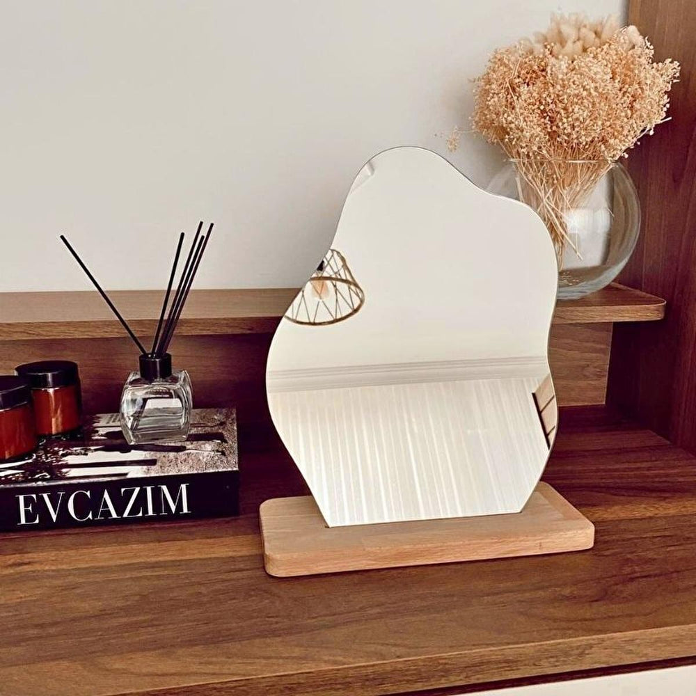 Evcazım Asymmetric Wooden Makeup Mirror - Unique Handmade Decorative Mirror for Home, 13.78 x 11.02 inches - view 6