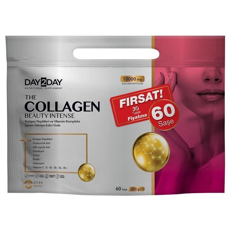 Day2Day The Collagen Beauty Intense Collagen Supplement - 10,000mg Collagen Peptides, Anti-Aging, Skin Health & Beauty Supplement Day2Day Collagen Beauty Intense - 10,000mg Collagen Peptides collagen supplement, beauty supplement, anti-aging, skin health, dietary supplement, collagen peptides, R-alpha lipoic acid, glutathione, vitamin complex, strawberry flavored, no added sugar, French-origin bovine type I collagen, sachet, powder, beauty, wellness, health, skincare, anti-aging benefits, skin elasticity, r