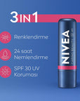 Nivea Tinted Lip Care Balm with SPF30 - Moisturizing, Natural Ingredients, 3-in-1 Formula for Lips & Cheeks Nivea Tinted Lip Balm SPF30 - Moisturizing & Natural Tinted Lip Balm, Lip Care with SPF, Moisturizing Lipstick, Natural Lip Care, Multifunctional Lip Product, Nivea, Lip Care, SPF30, E Vitamin, Shea Butter, Organic Almond Oil, Dermatologically Approved, Mineral Oil-Free, Lip and Cheek Tint, Hydrating Lip Balm, Cosmetic Lip Care, Everyday Makeup, Natural Ingredients, Skincare Routine