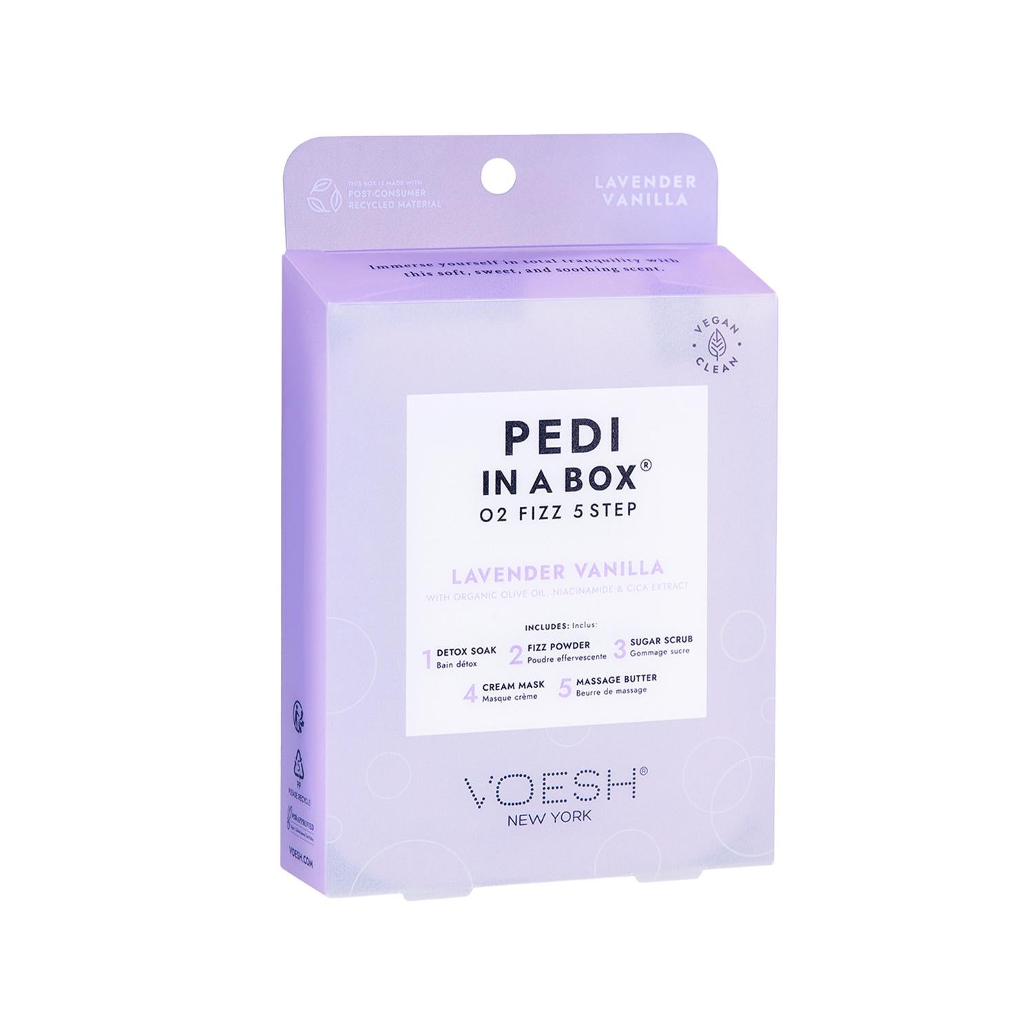 Voesh New York 5-Step Pedicure Set with O2 Fizz Treatment - Lavender Vanilla Scented Voesh New York 5-Step Pedicure Set - Luxurious At-Home Foot Care pedicure set, at-home pedicure, 5-step pedicure, Voesh New York, lavender vanilla pedicure, foot care, self-care, DIY beauty, relaxation, pampering, foot treatment, cosmetic, personal care, gift for her, spa day at home