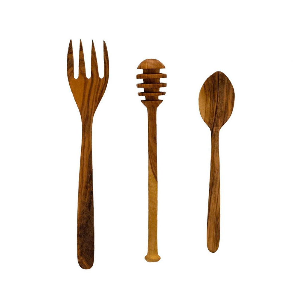 Lava Cast Iron Mini Utensil Set - 3 Piece Olive Wood Handle Spoon Fork Honey Spoon - Food & Candy