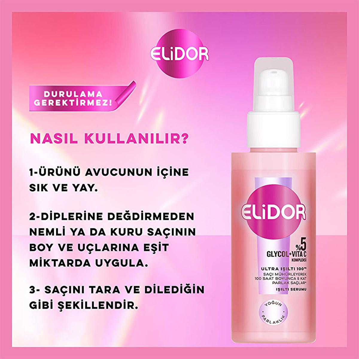 Elidor Ultra Işıltı 100 Işıltı Serum - Intense Shine Hair Serum for Dry, Damaged Hair - 3.04 fl oz Elidor Ultra Işıltı Serum - Intense Shine for Dry Hair hair serum, intense shine, hair repair, damage protection, Vitamin C hair care, dry hair solution, damaged hair repair, dull hair treatment, nourishing hair serum, lightweight hair serum, non-greasy hair serum, daily hair care, pre-styling hair protection, post-color treatment hair care