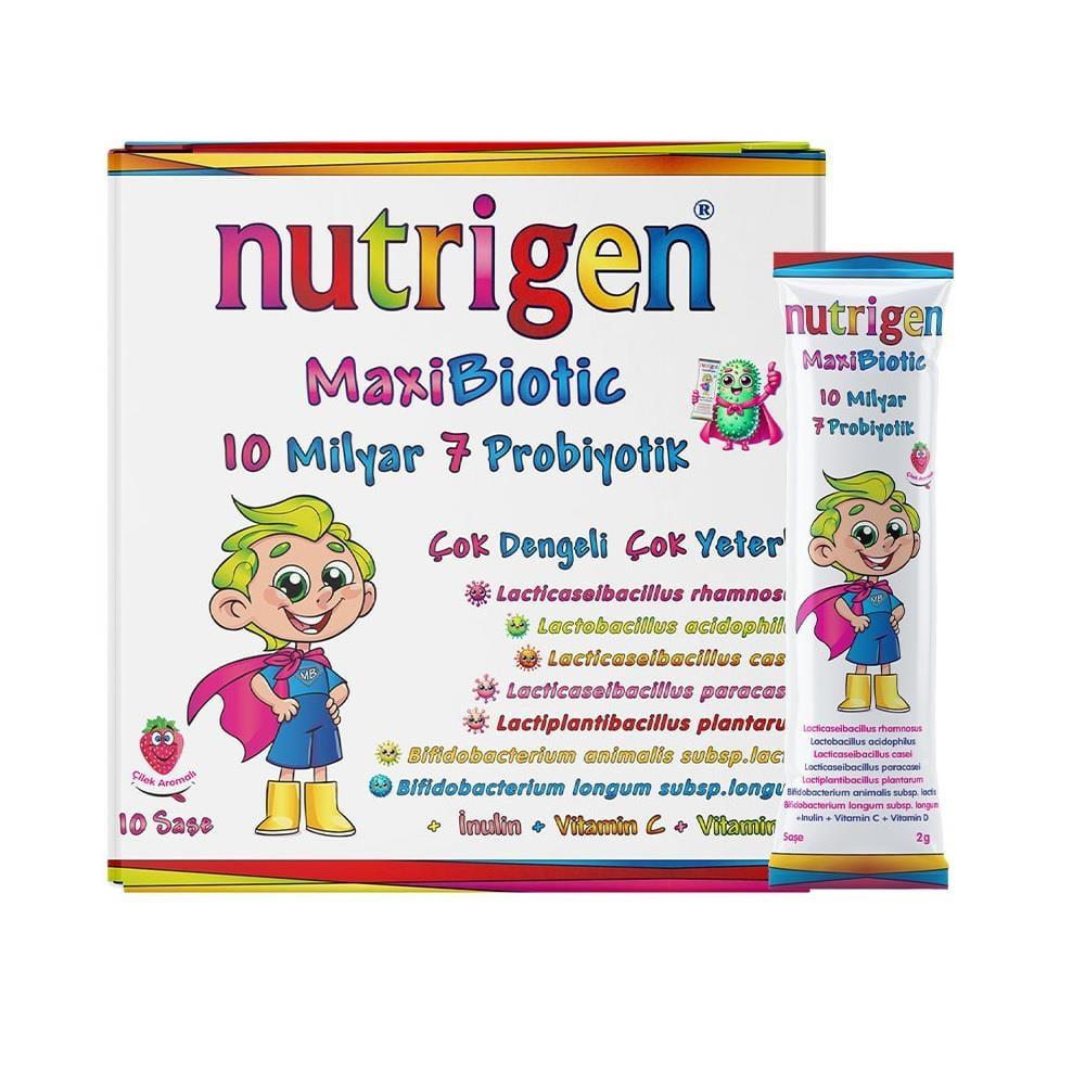 Nutrigen Maxibiotic Probiotic Supplement - 10 Sachets - Supports Gut Health & Immune System Nutrigen Maxibiotic Probiotic Supplement - Gut Health Support probiotic supplement, digestive health, gut health support, prebiotic and probiotic, Vitamin C and D supplement, health and wellness, strawberry flavor, sachet, single-use powder, immune system support
