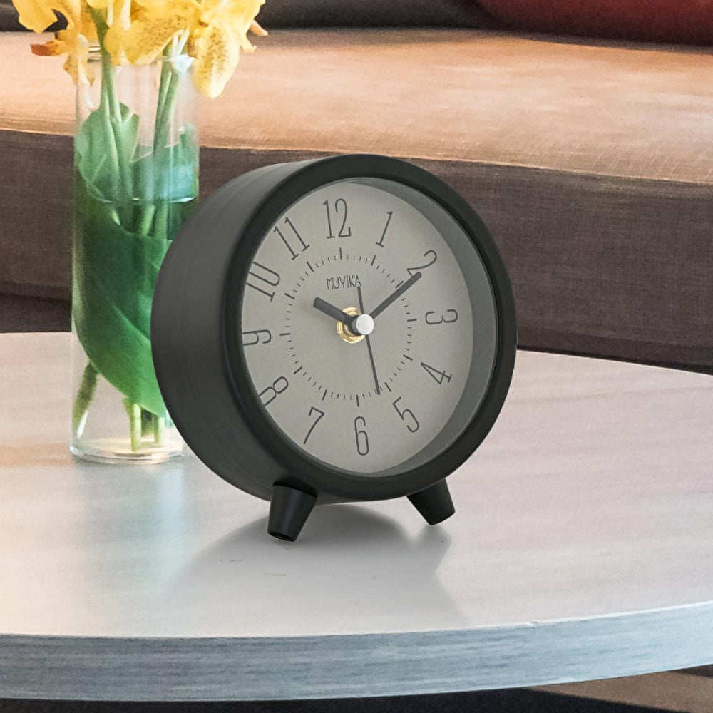 Muyika Ancora Siyah Metal Masa Saati - Silent Table Clock with Glass Front Panel & Modern Design