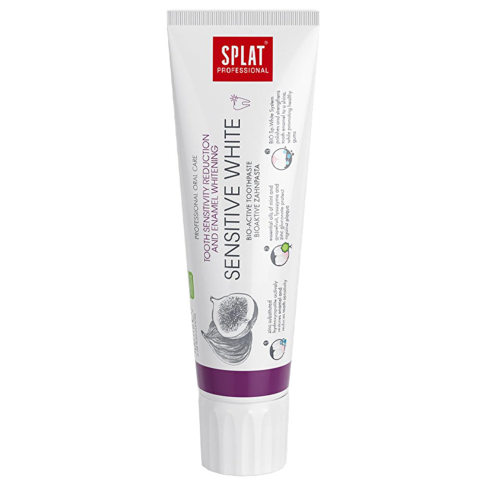 Splat Professional Sensitive White Toothpaste for Sensitive Teeth - Natural Whitening, Strengthens Enamel, SLES Free - 3.38 fl oz Splat Sensitive White Toothpaste - Natural & Gentle Oral Care sensitive toothpaste, natural toothpaste, whitening toothpaste, SLES free toothpaste, paraben free oral care, tooth enamel strengthening, oral care, sensitive teeth, natural ingredients, gentle toothpaste, eco-friendly toothpaste, healthy smile, whitening, stain removal, plaque prevention, Zinc Gluconate, Lysozyme, Pep