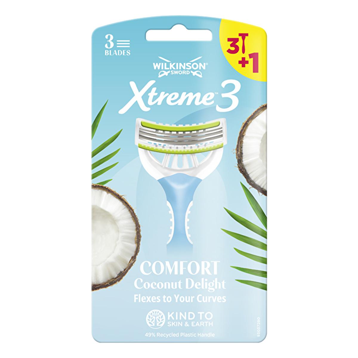 Wilkinson Sword Xtreme3 Comfort Coconut Delight 3-Blade Razor for Smooth Shaving Wilkinson Sword Xtreme3 3-Blade Razor for Men razor, shaving razor, Wilkinson Sword Xtreme3, coconut delight razor, 3-blade razor, smooth shaving, comfortable shave, lubricating strip, coconut extract, flexible design, lightweight handle, rubberized handle, men's grooming, shaving essentials, personal care