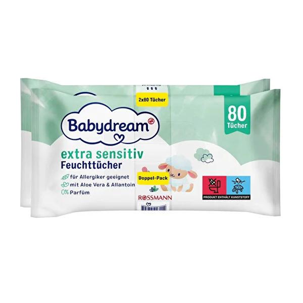Babydream Baby Wipes for Sensitive Skin - Aloe Vera, Vegan, Hypoallergenic, DAAB Approved - 2*80 Count Babydream Baby Wipes for Sensitive Skin - Aloe Vera, Vegan baby wipes, sensitive skin care, aloe vera baby wipes, vegan baby products, dermatologically tested baby care, hypoallergenic baby wipes, DAAB approved baby products, gentle baby care, natural baby products, cruelty-free baby wipes