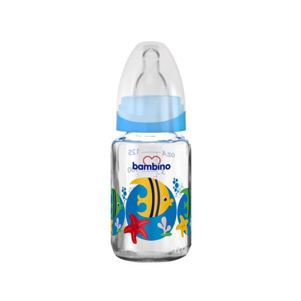 Bambino 125ml Glass Baby Bottle - Slow Flow, Blue Fish Design for Newborns Bambino Glass Baby Bottle - Safe & Durable baby bottle, glass baby bottle, slow flow baby bottle, newborn baby bottle, blue baby bottle, non-toxic baby products, durable baby bottles, newborn feeding essentials, baby feeding accessories