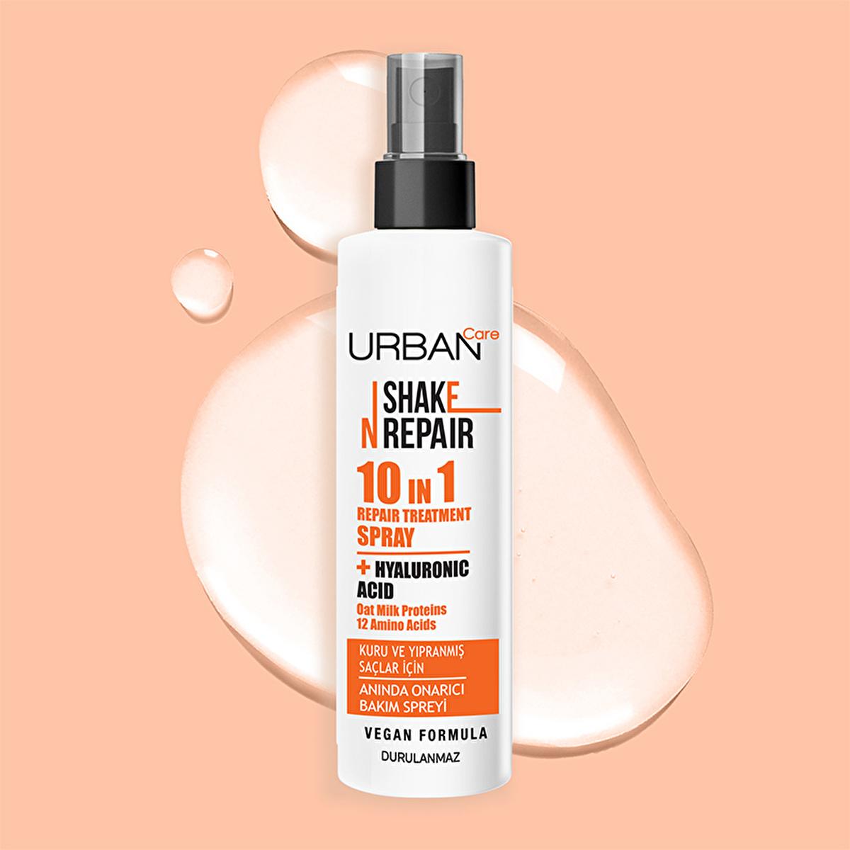 Urban Care Shake N Repair: 10-in-1 Leave-In Hair Care Spray - Heat Protection, Damage Repair, Frizz Control, Vegan - 6.76 fl oz Urban Care Hair Spray: Heat Protection, Frizz Control, Vegan hair care spray, leave-in conditioner, dry hair treatment, damaged hair repair, heat protectant spray, frizz control spray, vegan hair care, hyaluronic acid hair spray, UV protection hair spray, 10-in-1 hair treatment, hair spray, conditioner, hair repair, heat protection, frizz control, vegan, hyaluronic acid, UV protect