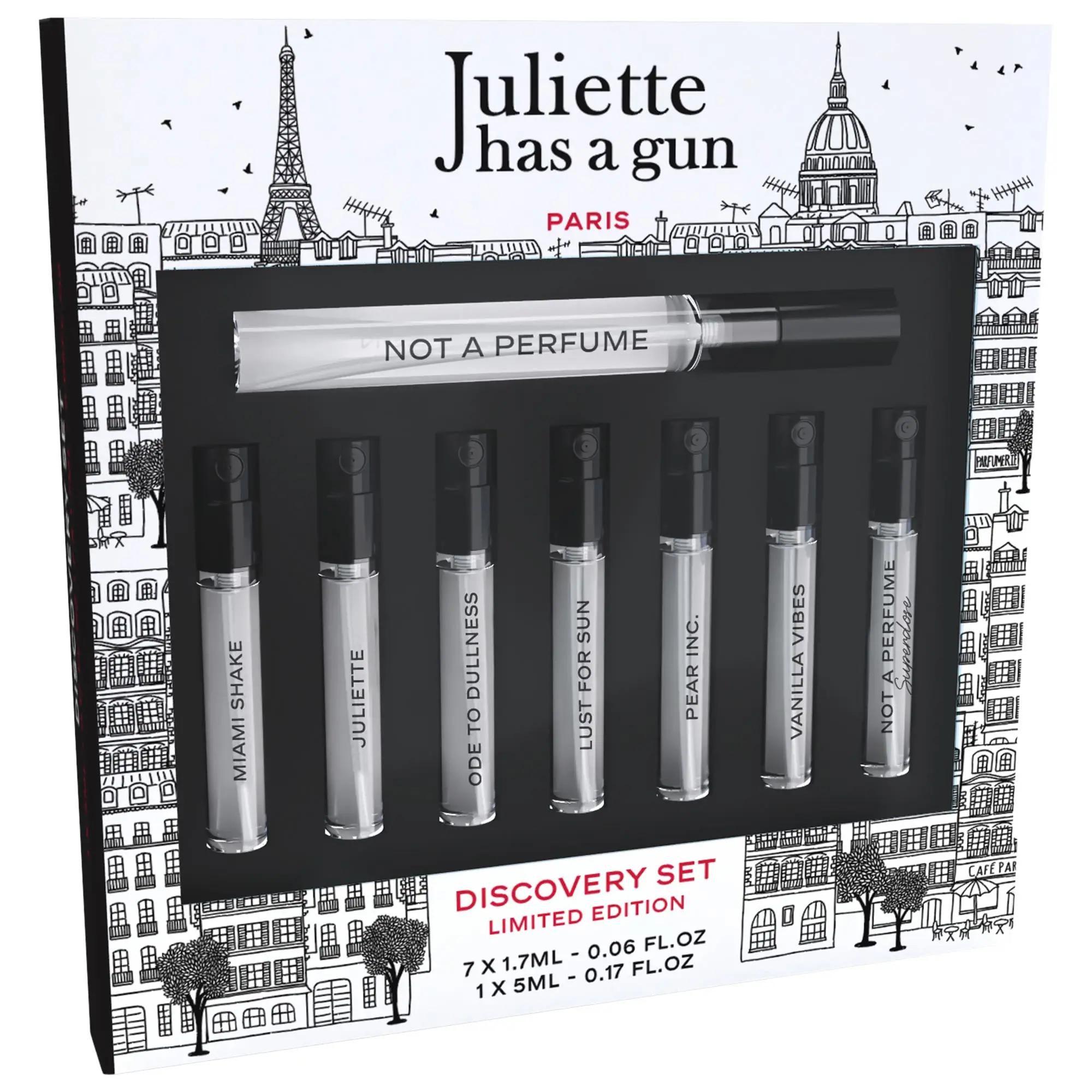 Juliette Has a Gun Perfume Discovery Set: Sample 8 Unique Fragrances | Layerable Scents, Find Your Signature Scent, Allergen-Friendly Options Juliette Has a Gun Perfume Set: Discover Your Signature Scent perfume discovery set, fragrance sample set, Juliette Has a Gun, layering perfumes, mini perfume set, Not a Perfume, gourmand fragrance, floral perfume, vanilla perfume, allergen free perfume, perfume set, fragrance set, sample set, fragrance sampler, perfume sampler, women's perfume, travel perfume, gift f