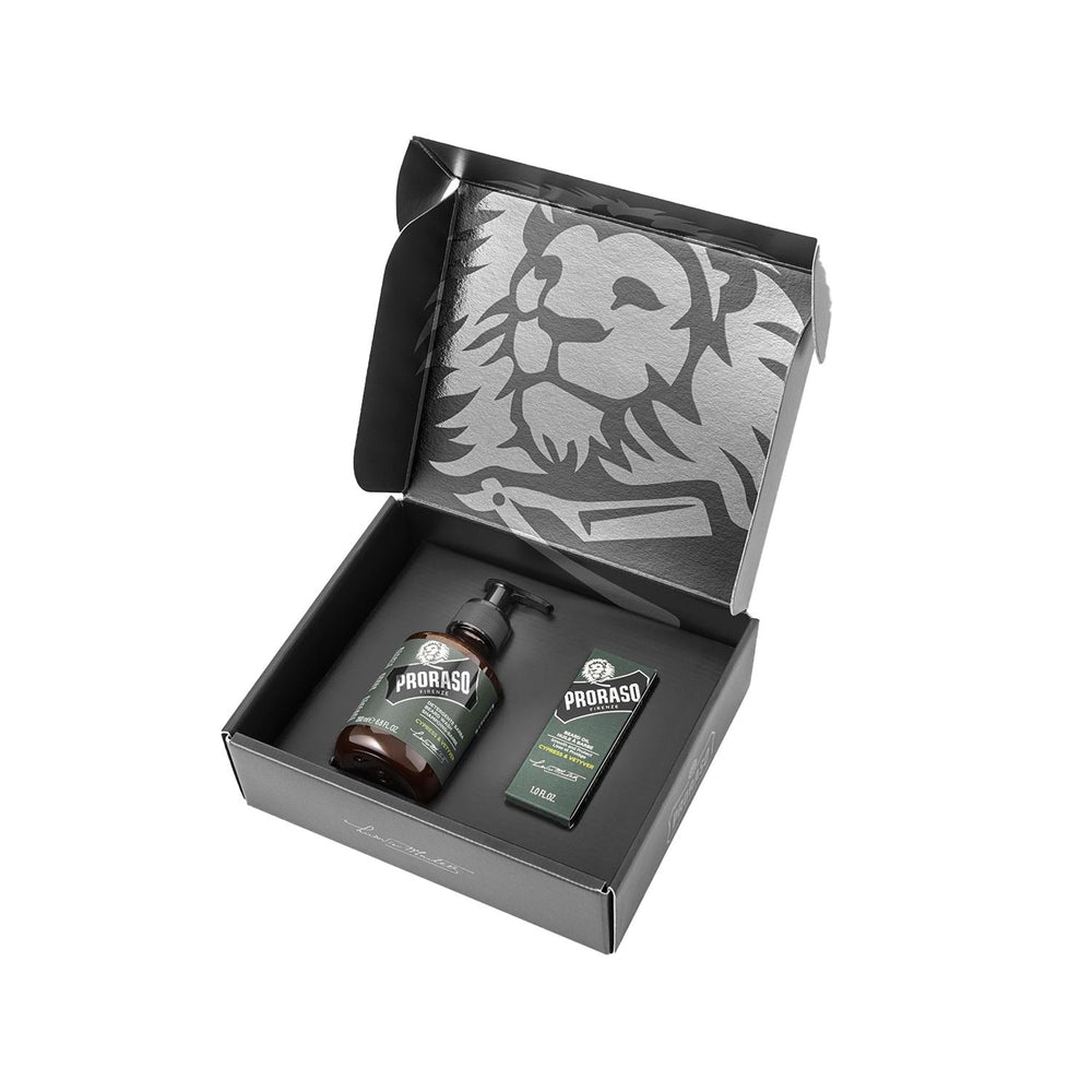 Proraso Beard Care Duo Set with Cypress & Vetyver Scent - Beard Oil & Shampoo for Men - Nourishing Grooming Products Proraso Beard Care Duo - Cypress & Vetyver Scent beard care, beard oil, beard shampoo, cypress scent, vetyver scent, Proraso, grooming products for men, men's personal care, beard maintenance, men's grooming, beard health, nourishing beard products, cypress fragrance, vetyver fragrance