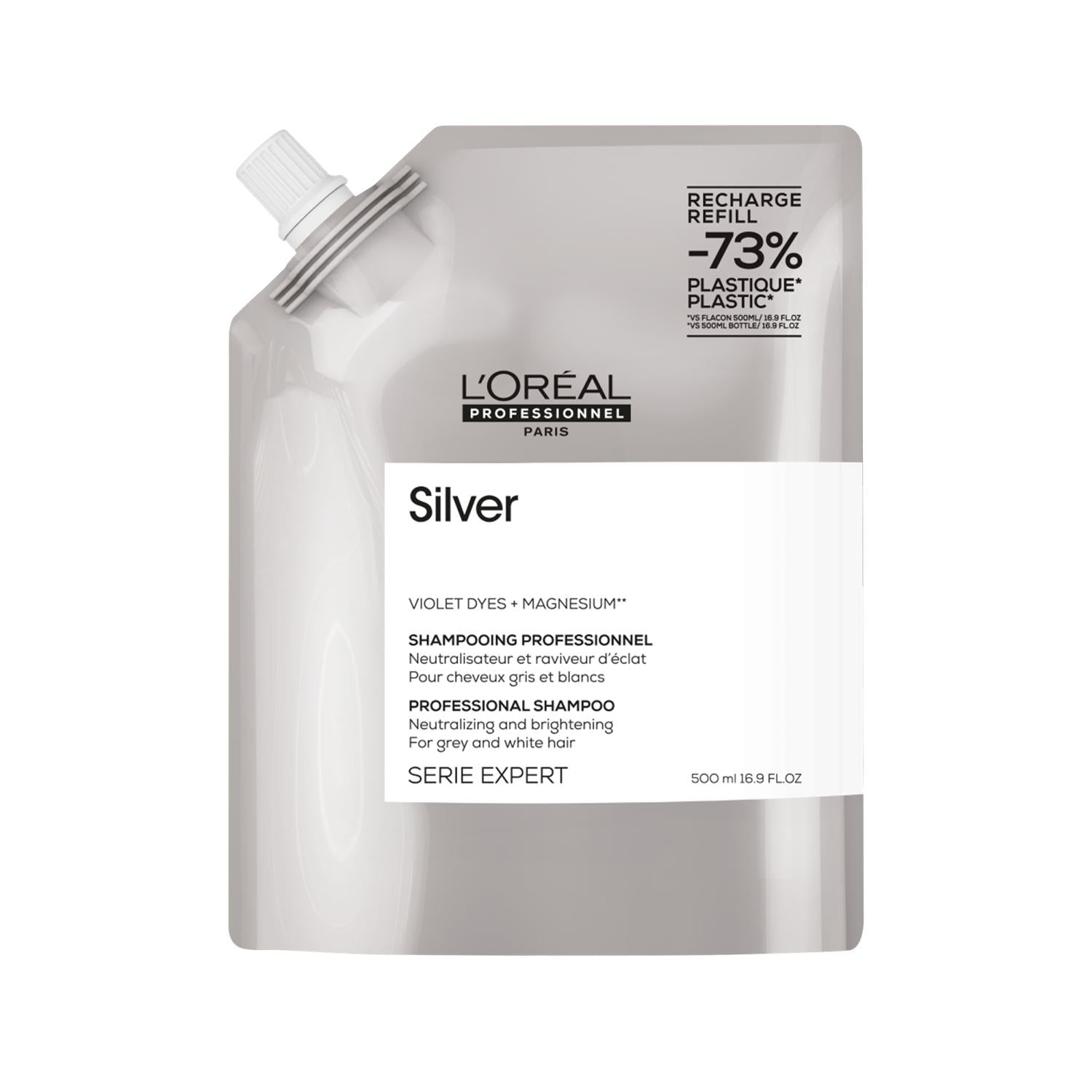 L'Oreal Professionnel Silver Purple Shampoo: Color Toning for Blonde, Gray & White Hair - Anti Brass Shampoo, 500ml Refill L'Oreal Purple Shampoo: Tone Blonde, Gray & White Hair purple shampoo, color toning shampoo, blonde hair shampoo, gray hair shampoo, white hair shampoo, anti brass shampoo, loreal silver shampoo, color balancing shampoo, shampoo for blonde hair, shampoo for gray hair, shampoo, hair care, brassiness, blonde, gray, white, silver, toning, color protection, cool tones, hair cleanser, hair t