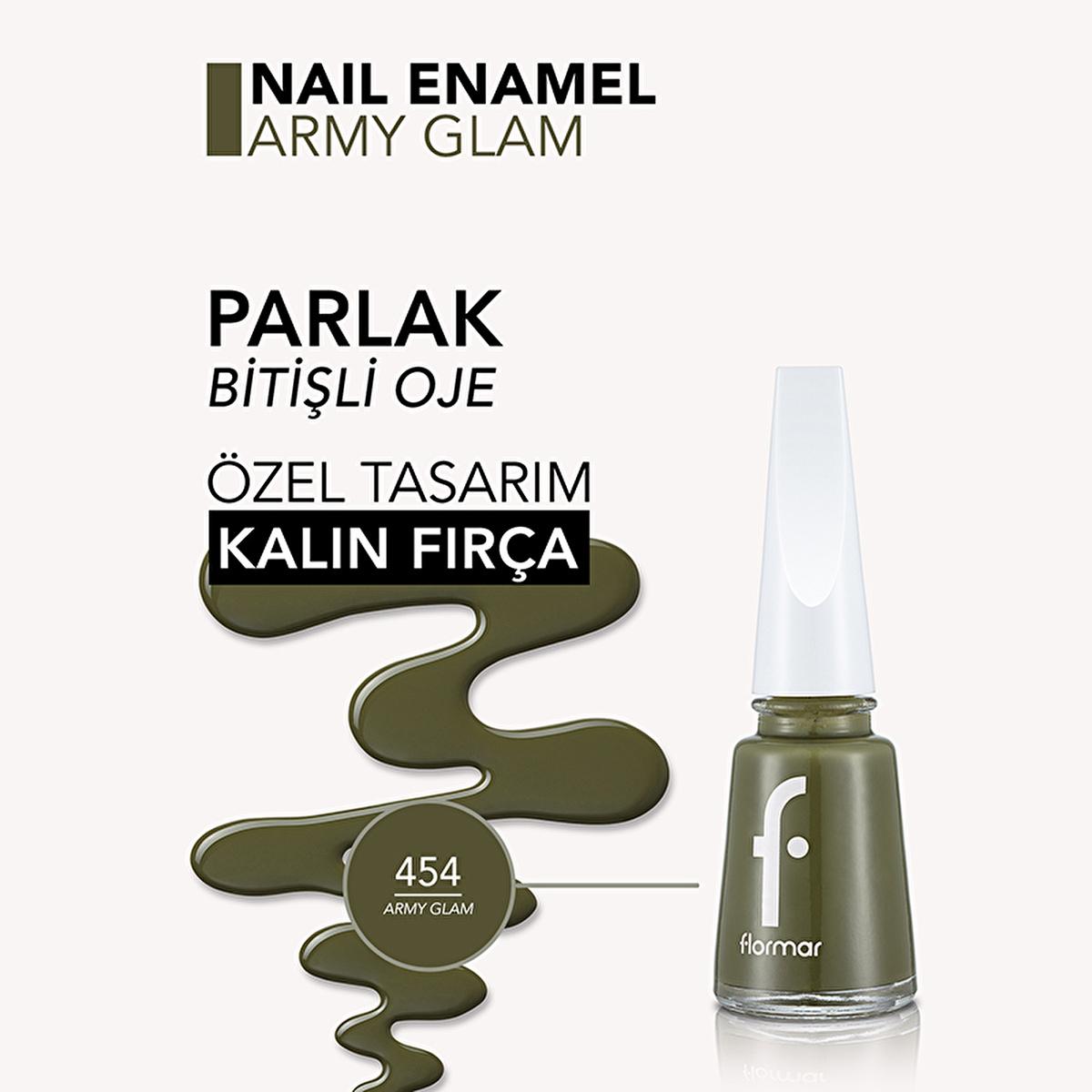 Flormar Nail Enamel Yoğun Pigmentli Oje 454 Army Glam - Long-Lasting Nail Polish with Nourishing Formula Flormar Nail Enamel - Long Lasting & Nourishing nail enamel, nail polish, long-lasting nail polish, nourishing nail care, Flormar Nail Enamel, nail beauty products, nail health, magnesium nail care, calcium nail care, sulfur nail care, shiny nail finish, resistant nail polish, vibrant nail color