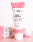 Sinoz SPF50+ Pink Touch Facial Sunscreen: Tone Up & Protect with High Protection, Calamine & PA++++ for Radiant Skin (1.69 fl oz) Sinoz SPF50+ Pink Sunscreen: Tone Up & High Protection SPF 50 sunscreen, pink tone up sunscreen, sunscreen for face, high protection sunscreen, sunscreen with calamine, tone correcting sunscreen, brightening sunscreen, Sinoz sunscreen, sunscreen for all skin types, facial sunscreen, sun protection, UVA/UVB protection, radiant skin, even skin tone, calamine, panthenol, shea butter