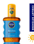 Nivea Sun SPF 30 Tanning Oil Spray: High Sun Protection, Natural Bronze, Water Resistant, UVA/UVB Protection - 6.76 fl oz Nivea Sun SPF 30: Tanning Oil. Sun Protection + Bronze SPF 30 sunscreen, tanning oil, sun protection, water resistant sunscreen, Nivea sun, bronzing sunscreen, UVA UVB protection, sunscreen for sensitive skin, sunscreen spray, melanin activating sunscreen, sunscreen, sun tan, tanning, water resistant, SPF 30, UVA protection, UVB protection, sensitive skin, outdoor activities, beach, swim