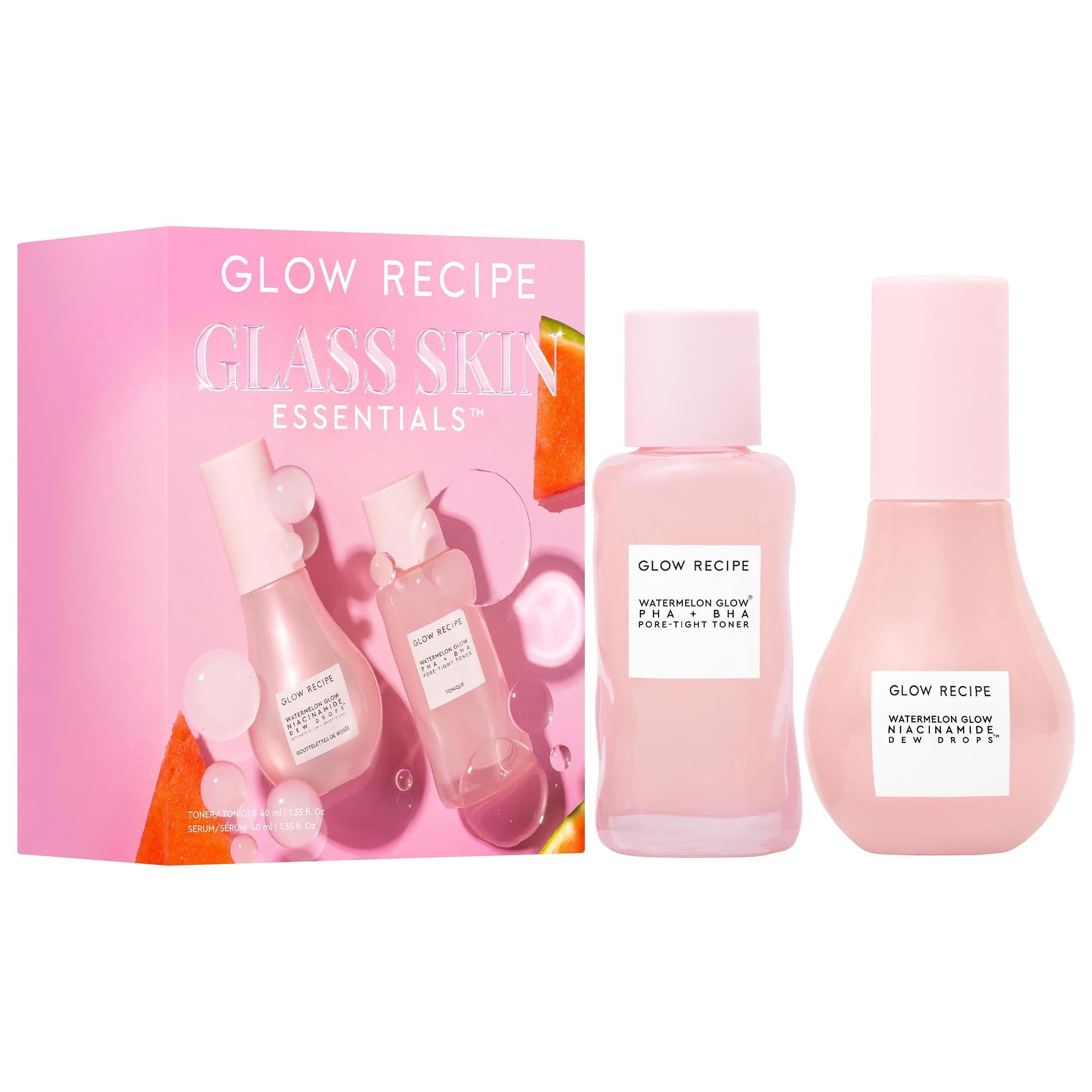 Glow Recipe Glass Skin Essentials Set: Watermelon Niacinamide & PHA BHA - Pore Tightening, Brightening, and Hydrating for Dewy Skin Glow Recipe Glass Skin Set: Niacinamide & Watermelon for Dewy Skin glass skin set, watermelon skincare, niacinamide serum, pore tightening toner, exfoliating toner, hyaluronic acid serum, brightening skincare, dewy skin, Glow Recipe, PHA BHA toner, skincare set, hydrating serum, pore minimizing, even skin tone, radiant complexion, skincare routine, beauty, toners, serums, water