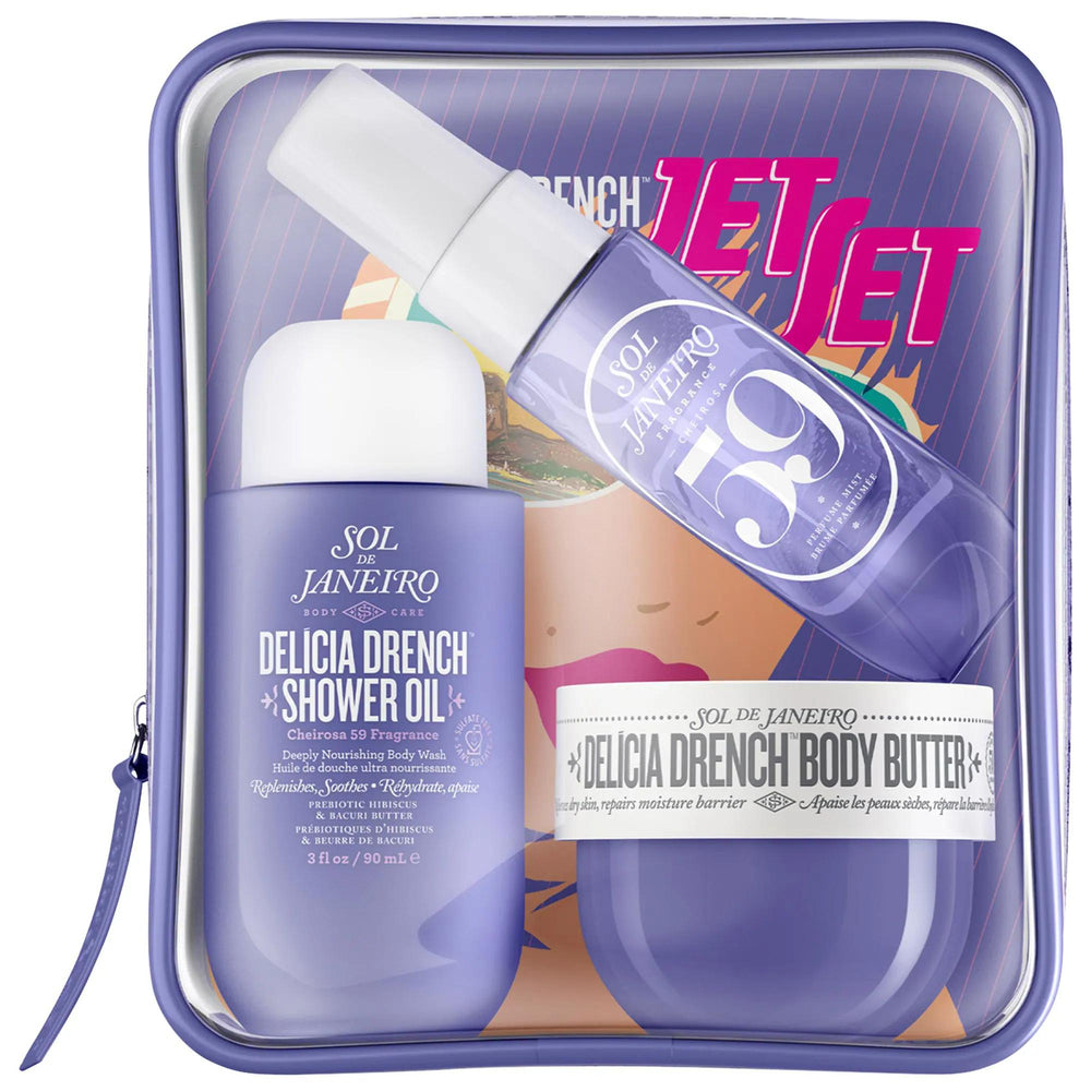 Delícia Drench Jet Set - Intensely Moisturizing Skincare Routine for Dry Skin - Vegan, Cruelty-Free Delícia Drench Jet Set - Moisturizing Skincare Routine Skincare Set, Moisturizing Routine, Vegan Skincare, Cruelty-Free Beauty Products, Dry Skin Care, Skincare for Normal Skin, Skincare for Combination Skin, Natural Skincare, Clean Beauty Products, Travel Skincare, Skincare Gift Set, Cheirosa 59, Bacuri Butter, Brazilian Soothing Complex, Prebiotic Hibiscus