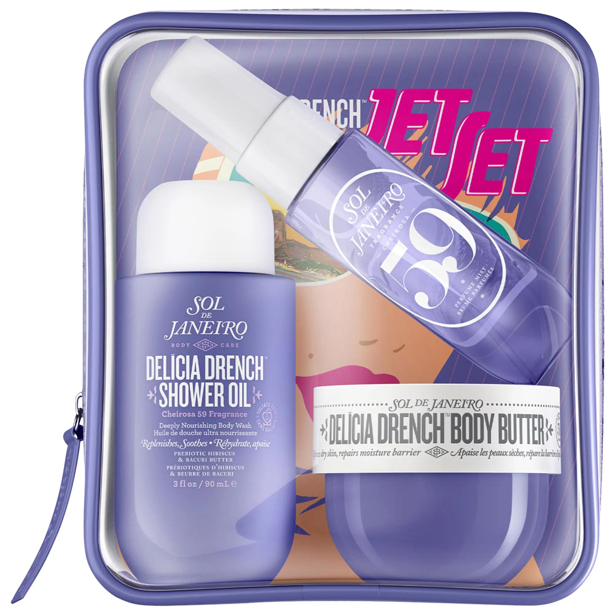 Delícia Drench Jet Set - Intensely Moisturizing Skincare Routine for Dry Skin - Vegan, Cruelty-Free Delícia Drench Jet Set - Moisturizing Skincare Routine Skincare Set, Moisturizing Routine, Vegan Skincare, Cruelty-Free Beauty Products, Dry Skin Care, Skincare for Normal Skin, Skincare for Combination Skin, Natural Skincare, Clean Beauty Products, Travel Skincare, Skincare Gift Set, Cheirosa 59, Bacuri Butter, Brazilian Soothing Complex, Prebiotic Hibiscus
