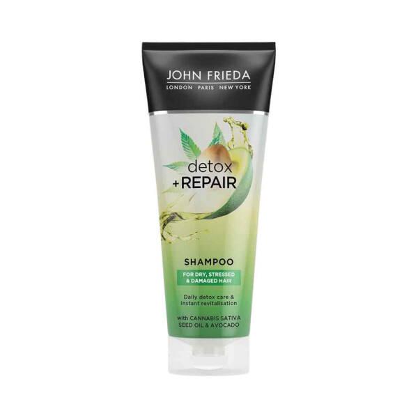 john fried detox repair shampoo bottle 250ml, close-up of john fried detox repair shampoo John Frieda Detox+Repair Shampoo - For Damaged Hair | 250ml John Frieda Detox+Repair Shampoo 250ml john-frieda, detox-repair-shampoo, hair-care, damaged-hair, moisturizing-shampoo, hair-repair, hemp-seed-oil, avocado-oil, ai-generated, shampoo-250ml