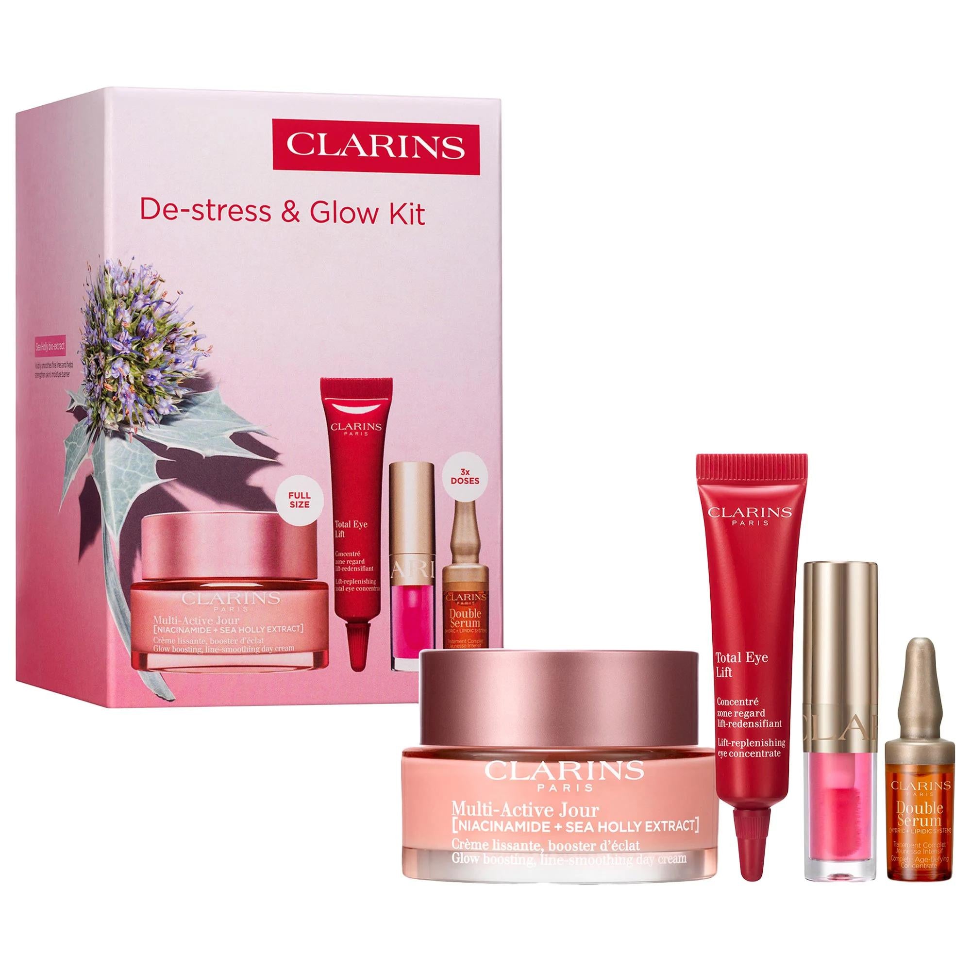 Clarins Multi-Active Anti Aging Set for Lines, Pores, Glow - 4 Piece Skincare Gift Set with Niacinamide Moisturizer & Eye Cream Clarins Anti-Aging Skincare Set - Smooth Fine Lines & Glow anti-aging skincare set, fine lines and wrinkles reduction, skincare routine for glowing skin, niacinamide moisturizer, eye cream for lifting, skincare gift set, sensitive skin friendly, paraben free, sulfate free, skincare for dryness, skincare for pores