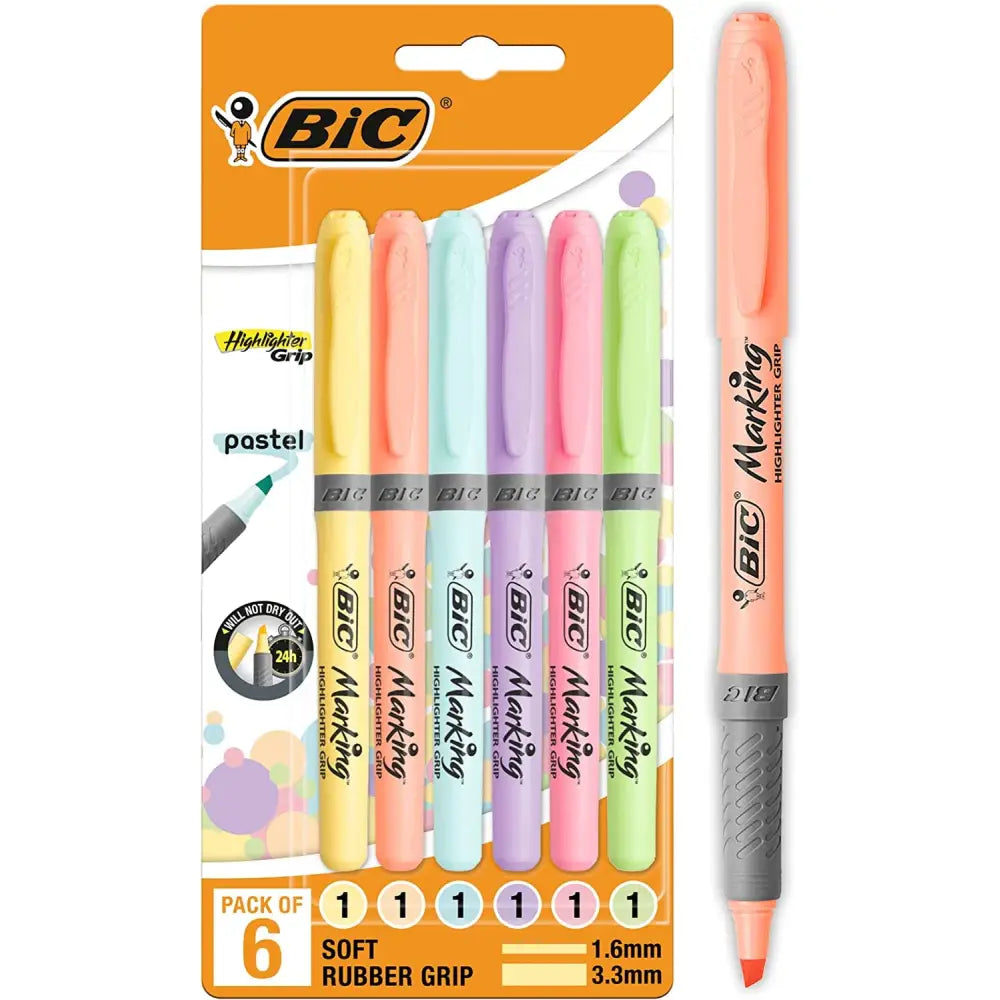 BIC Highlighter Grip Pastel, Highlighter Pens with Adjustable Chisel Tip,  Rubber Grip for Extra Comfort, Assorted Colours, Pack of 6