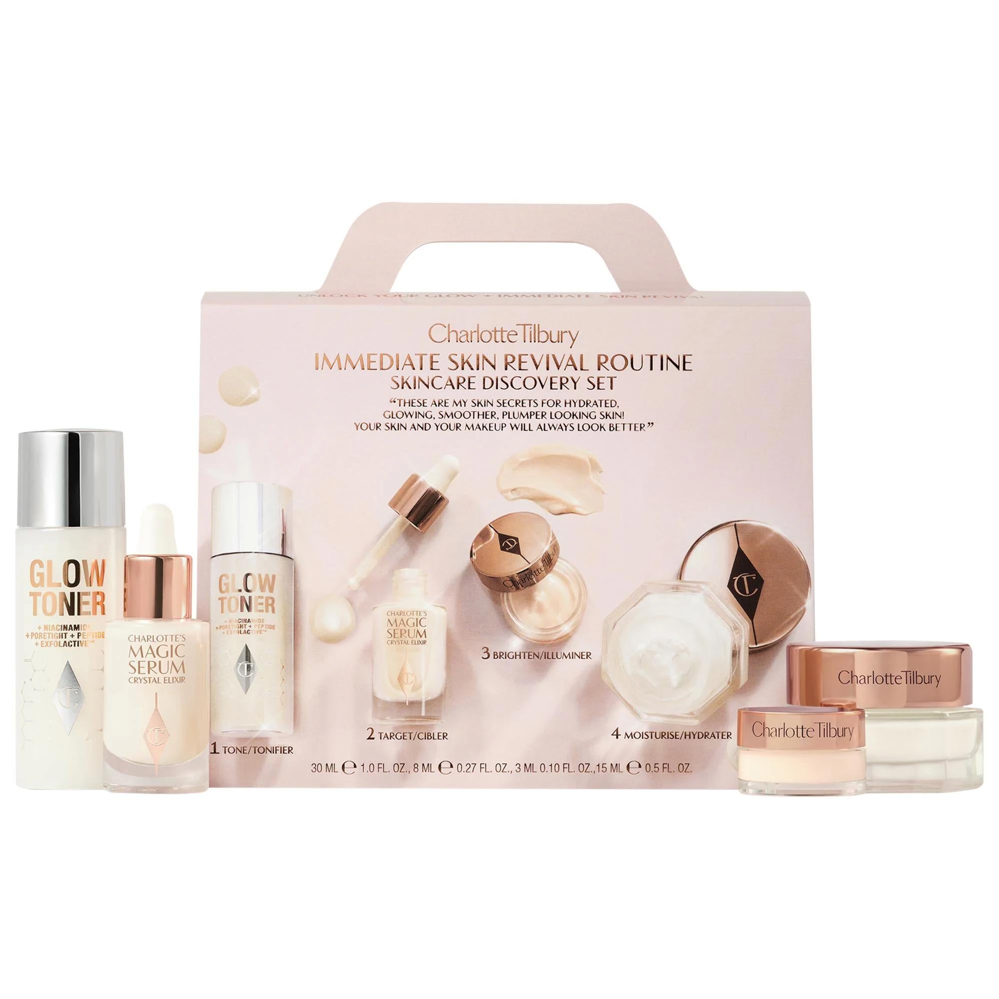 Charlotte Tilbury Immediate Skin Revival Routine Discovery Set - 4-Piece Anti-Aging Skincare Gift Set with Glow Toner, Magic Serum, Magic Eye Cream, and Magic Cream Charlotte Tilbury Skincare Set - 4 Piece Anti-Aging Routine Skincare Routine Set, Anti-Aging Skincare, Vegan Skincare Products, Cruelty-Free Skincare, Glowing Skin Skincare, Skincare Gift Set, Charlotte Tilbury, Travel Size Skincare, Natural Skincare, Best Skincare Routine, Skincare for Beginners, Gift Sets for Her, Skincare Essentials
