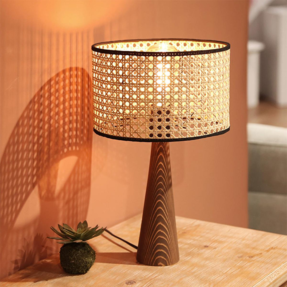 Homing Lucca Table Lamp - Rattan Shade, Wooden Body, E27 Socket, Energy-Efficient LED Lighting