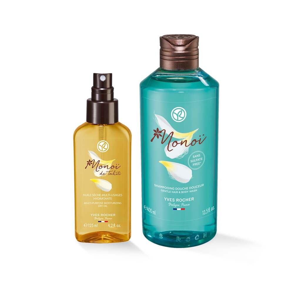 Monoi Body Care Set - Hydrating Shampoo and Bronzing Oil for Nourished Skin and Hair Monoi Body Care Set - Hydrate & Nourish Skin & Hair Monoi body care, Bronzing body oil, Hair and body shampoo, Moisturizing body products, Coconut oil and Tiare flower products, Body care set, Hydrating shampoo, Nourishing body oil, Tropical scented products, Skin hydration, Hair moisturization, Tan enhancement, Bronze tone, Cosmetic set, Gift set, Skincare routine, Haircare routine, Self-care products