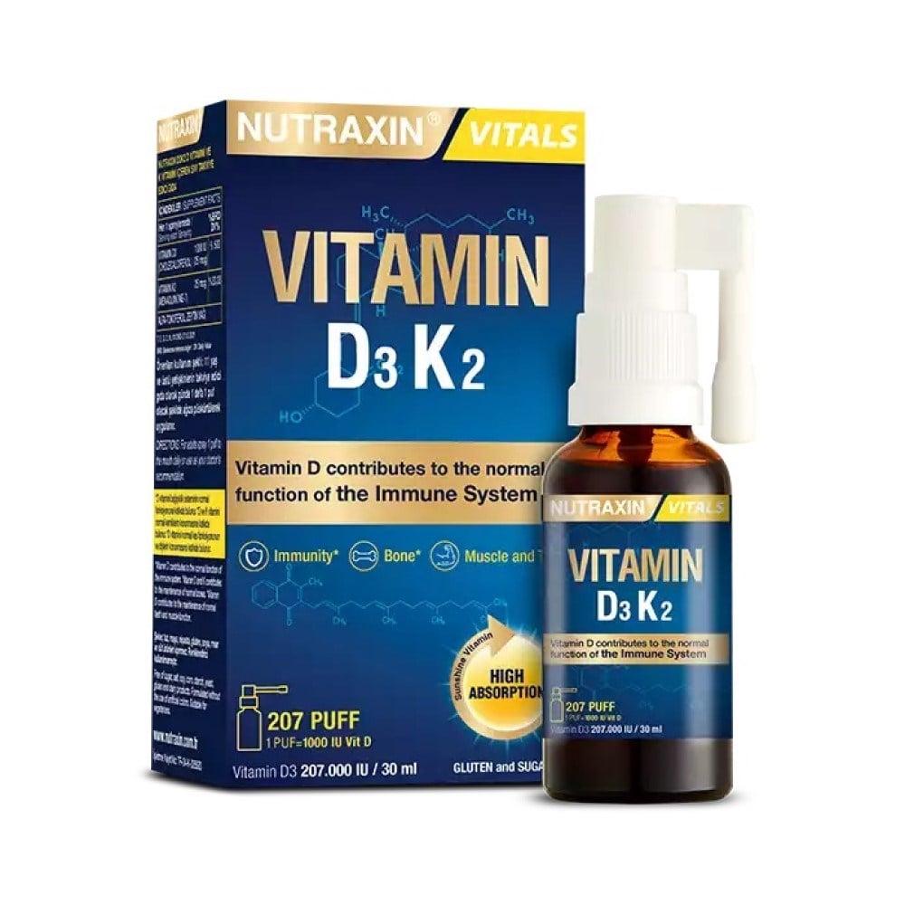 Nutraxin Vitamin D3K2 Supplement Spray - 1000 IU Vitamin D3 & 25 mcg Vitamin K2 per Spray, Allergen-Free, Bone Health Support, 30ml Nutraxin Vitamin D3K2 Spray - Bone Health Support Vitamin D3K2 supplement, spray vitamin supplement, bone health support, calcium regulation, allergen-free vitamin supplement, health-conscious individuals, adults with dietary restrictions, easy vitamin supplementation, olive oil supplement, gluten-free, soy-free, corn-free, synthetic additive-free, 30ml supplement