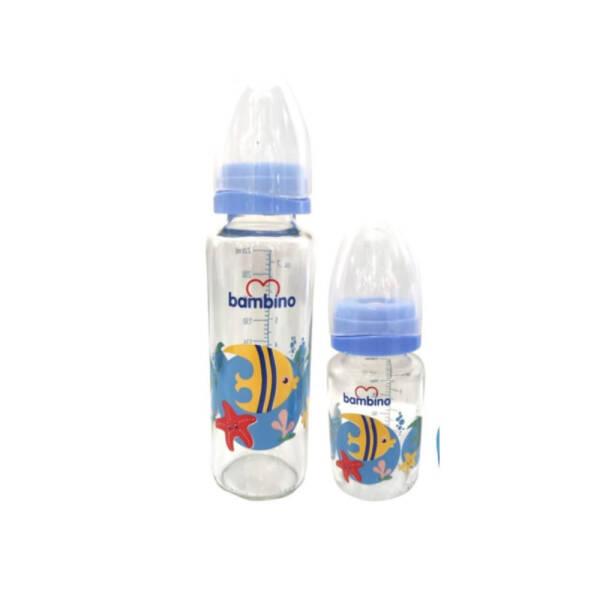 Bambino Baby Bottle Set - 2 Piece Glass Set with Slow Flow Rate, Blue Fish Design - Baby Care