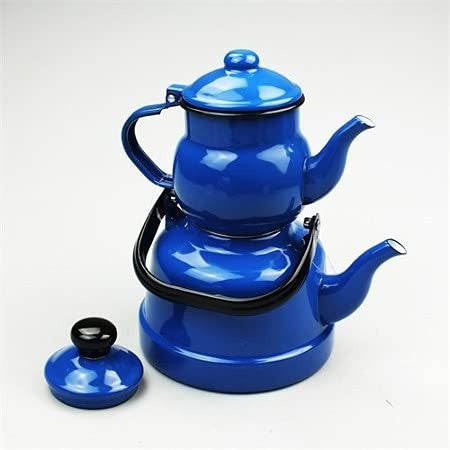 Grandbazaar Retro Enamel Turkish Double Tea Pot, Vintage Copper Ceramic Blue Kettle And TeaPot Set