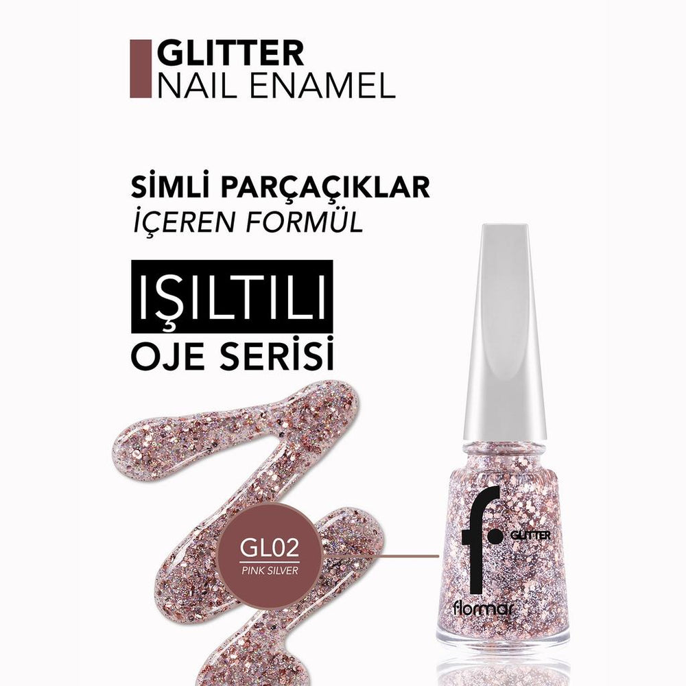 Flormar Glitter Semi-Sheer Pink Silver Nail Polish GL02 11ml