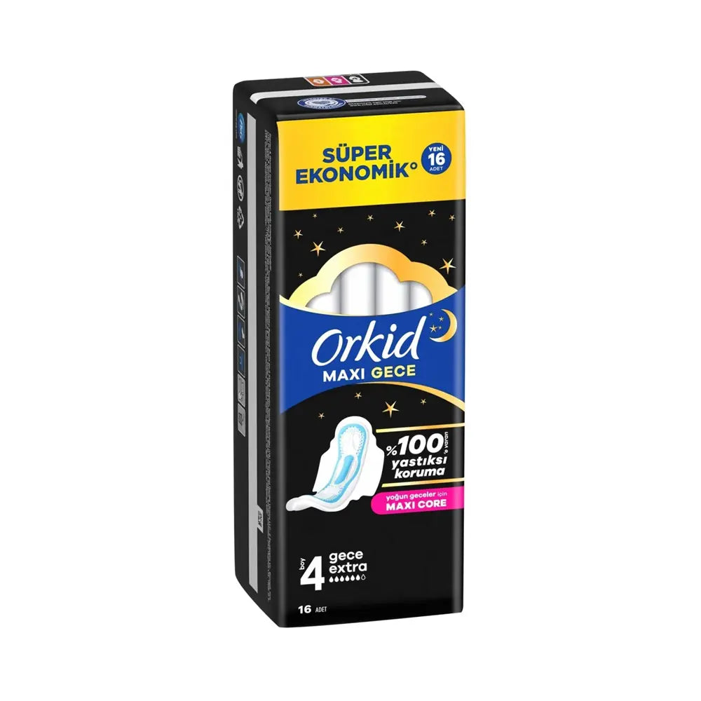 Orkid Maxi Night Sanitary Pads for Overnight Protection 16-Count
