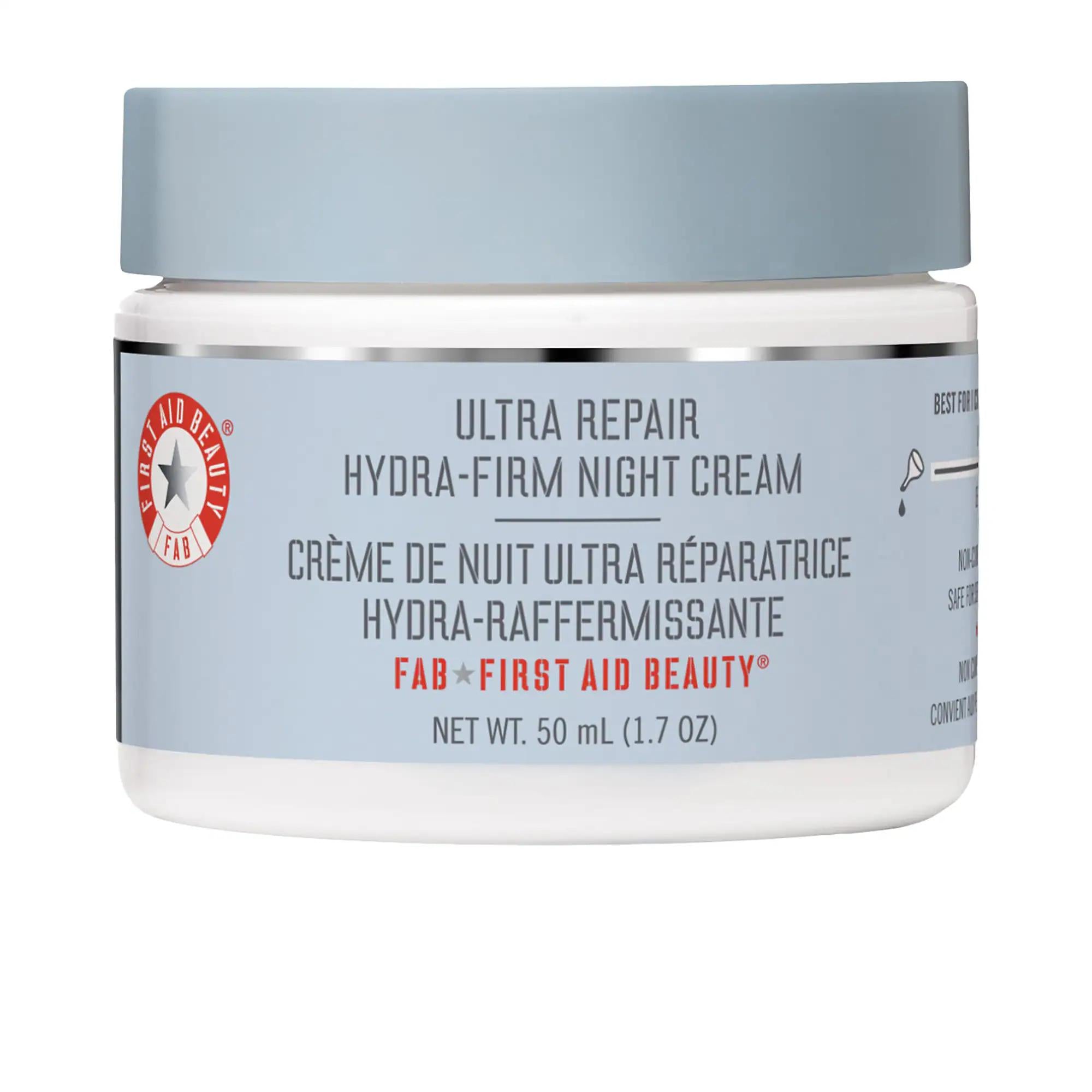 First Aid Beauty Ultra Repair: Hydrating & Anti-Aging Night Cream for Dry Skin | Fine Lines, Wrinkles, Firmness First Aid Beauty Ultra Repair Night Cream | Hydrating, Anti-Aging Night cream, Hydrating night cream, Anti-aging night cream, Night cream for dry skin, Colloidal oatmeal cream, Sodium hyaluronate cream, Niacinamide cream, Fine lines and wrinkles treatment, Skin firming cream, moisturizer, skincare, dry skin, wrinkles, firmness, elasticity, colloidal oatmeal, sodium hyaluronate, niacinamide, beauty