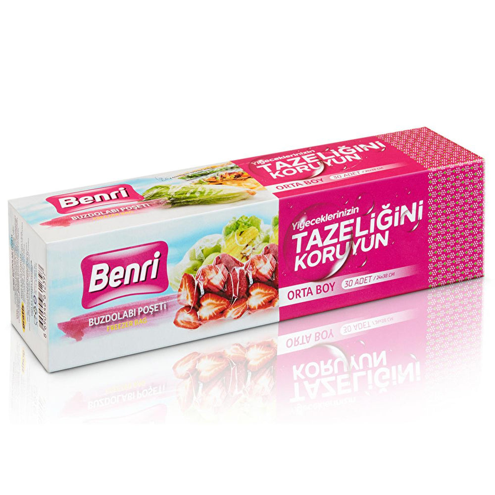 Benri Refrigerator Storage Bags - Medium Size, 30 Count - Food Safe, Transparent, Kitchen Organization