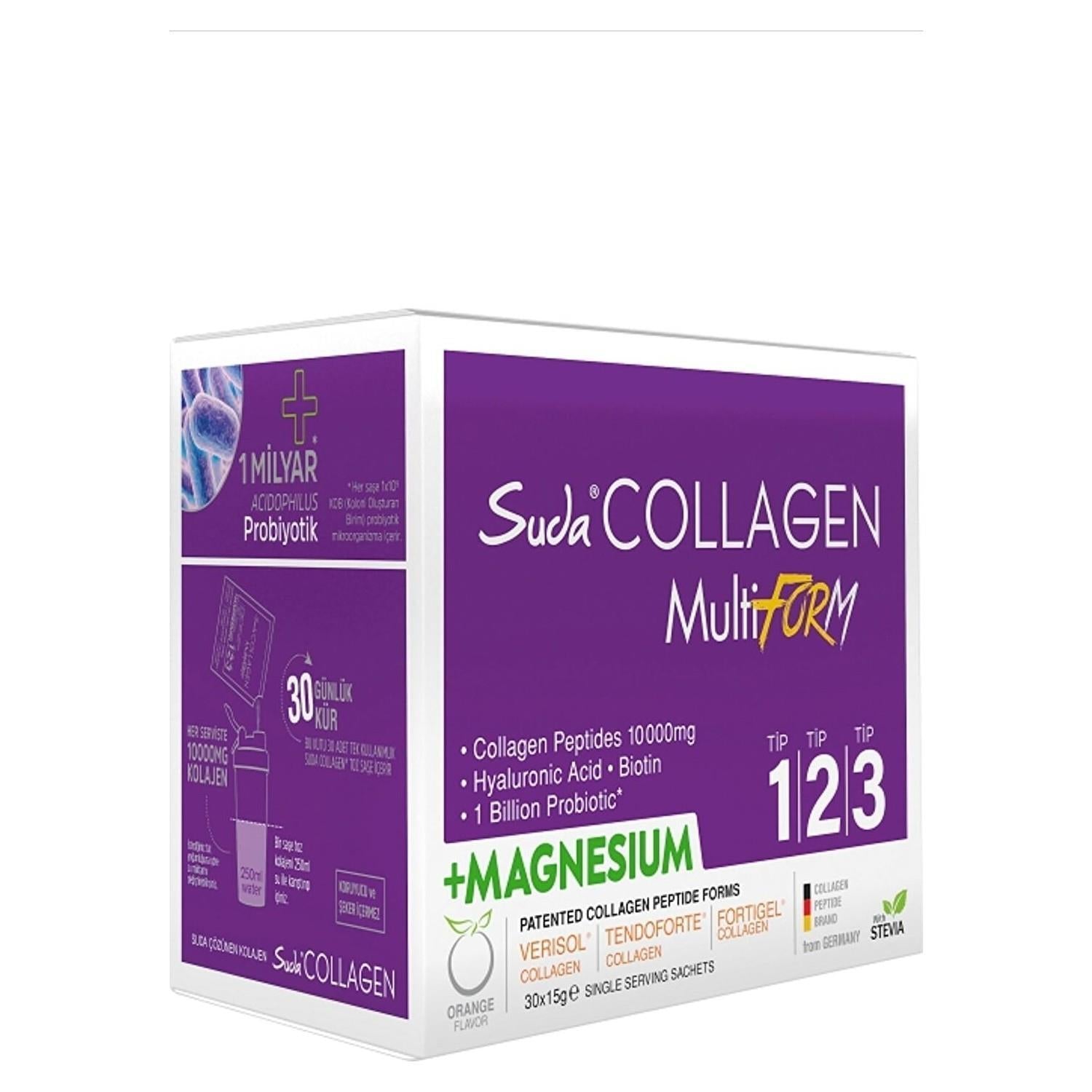 Suda Collagen Supplement with Hyaluronic Acid, Magnesium & Probiotics - 30 Sachets Suda Collagen Supplement - Boost Skin & Joint Health collagen supplement, hyaluronic acid, magnesium supplement, probiotic supplement, vitamin C supplement, skin health, joint health, gut health, wellness, health supplements, beauty supplements, anti-aging, skin elasticity, joint mobility, gut wellness